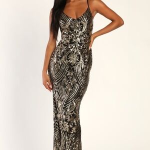 Lulus Truly Alluring Black And Gold Sequin Mermaid Maxi Dress - Size M
